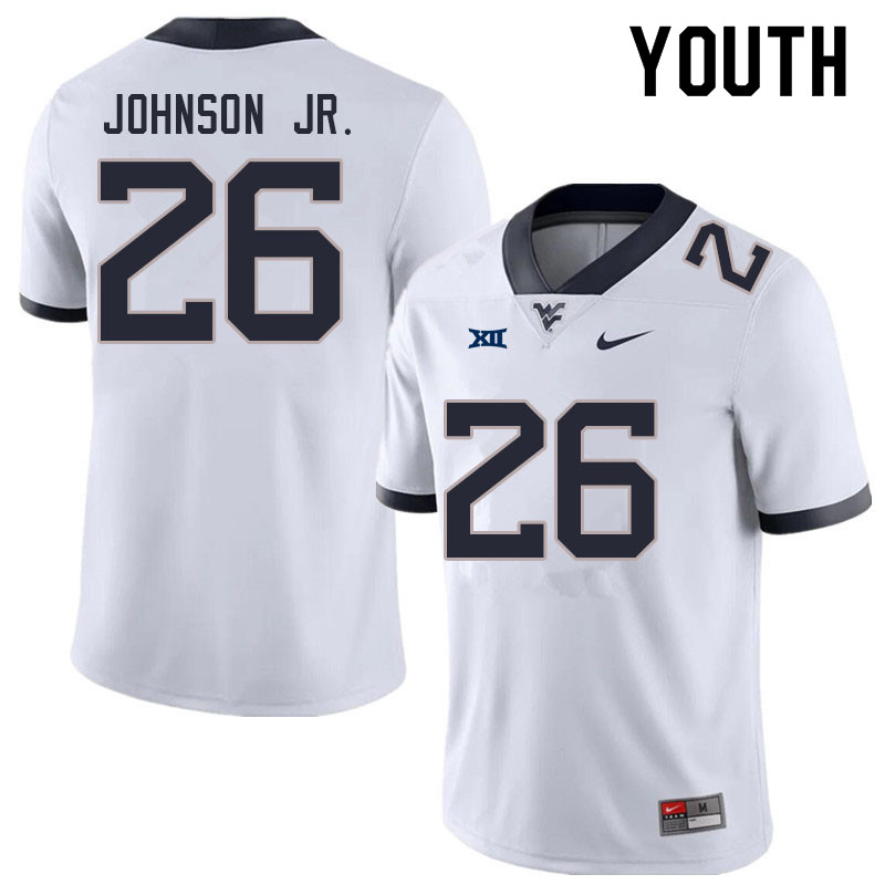 Youth #26 Justin Johnson Jr. West Virginia Mountaineers College Football Jerseys Sale-White - Click Image to Close